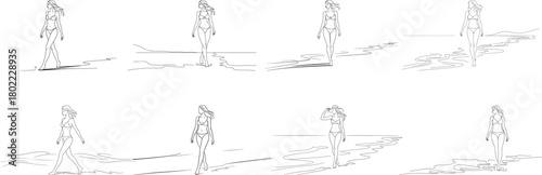 Line art of beautiful woman walk on beach wearing bikini, modern minimalist art set on white background