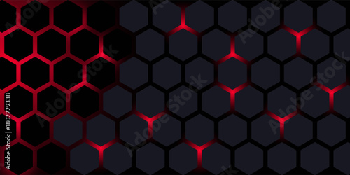 Dark gray and red horizontal hexagonal technology abstract vector background. red bright energy flashes under hexagon in futuristic modern technology wide banner. Dark gray honeycomb texture grid.