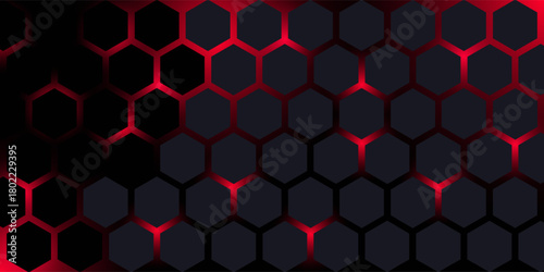 Dark gray and red horizontal hexagonal technology abstract vector background. red bright energy flashes under hexagon in futuristic modern technology wide banner. Dark gray honeycomb texture grid.