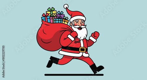 Cartoon Santa Claus running with a sack full of colorful gifts on a light blue background.