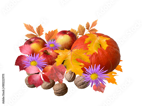 Autumn arrangement of pumpkin, flowers, leaves and nuts