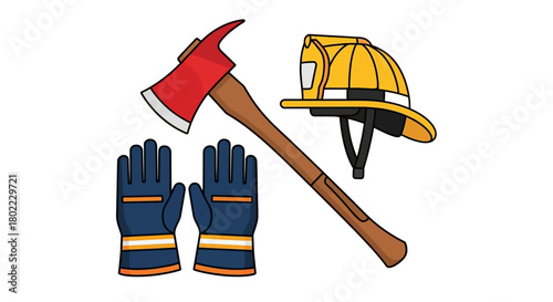 Illustration of essential firefighting equipment, including an axe, helmet, and gloves.