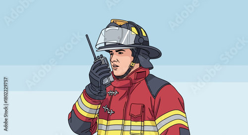 Firefighter in uniform using a walkie-talkie, with a concerned expression against a light blue background.