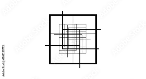 Geometric composition featuring overlapping squares and intersecting straight lines, centered on white background.