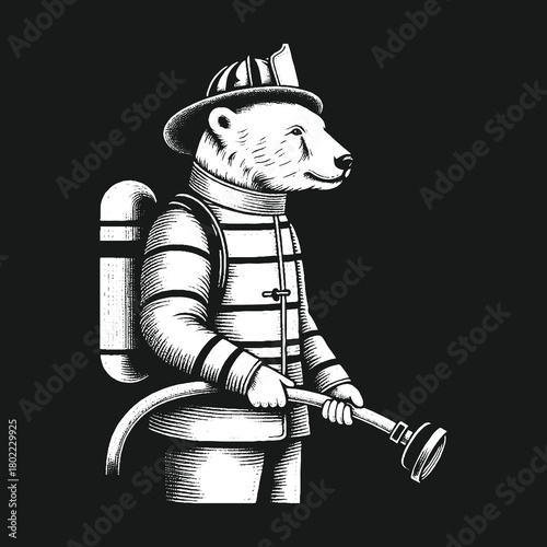 Firefighter Bear Holding Hose Ready to Extinguish Flames.