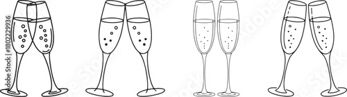 Line art of glasses with champagne, modern minimalist art set on white background. 