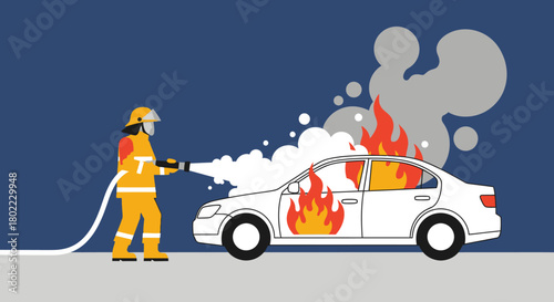Firefighter extinguishing a car fire with a hose, smoke and flames visible.