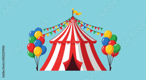 A vibrant cartoon illustration depicts a classic circus tent with colorful balloons.