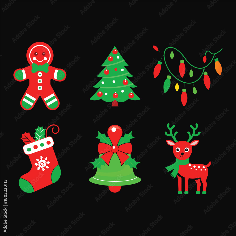 Fototapeta premium A set of Christmas icons featuring a bell, snowman, candy cane, and holly leaves with berries in a flat style on a white background. Festive holiday concept. Vector illustration