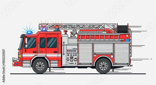 A red fire truck speeds forward with blue lights flashing, depicted in a pixelated style.