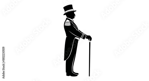 Silhouette of a man in formal attire, including a top hat and tails, holding a cane.