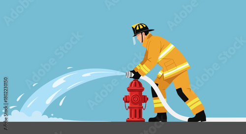A firefighter in uniform operates a fire hydrant, water spraying out with force.