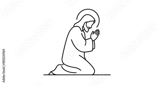 A simple line drawing depicts a religious figure kneeling in prayer, with a halo.