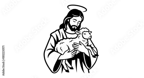 A black and white illustration of Jesus Christ holding a lamb close to his chest.