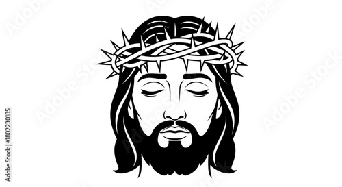 A black and white depiction of Jesus Christ, wearing a crown of thorns, eyes closed.