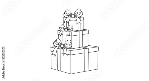 Stacked gift boxes, each tied with a ribbon and bow, presented in a simple, outlined illustration.