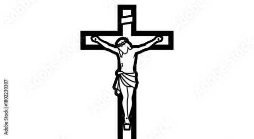 A black and white depiction of Jesus Christ crucified on a wooden cross.