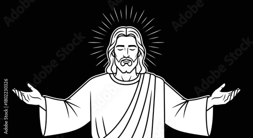 Line art depiction of Jesus Christ with outstretched arms, a halo, and a serene expression against a black background.