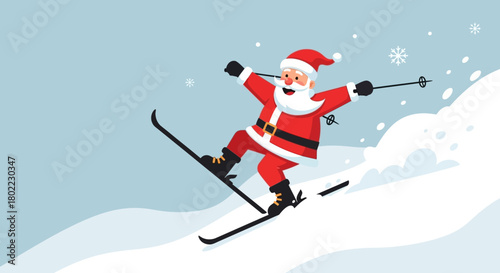 Santa Claus in a red suit skiing downhill on a snowy slope with snowflakes falling.