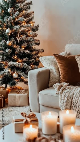 A cozy holiday living room with a decorated Christmas tree, warm lights, and cheerful gifts