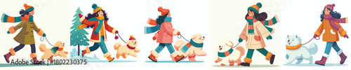 vector woman walking with pet dog in winter