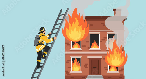 Firefighter climbing ladder to burning house with flames visible at windows and smoke billowing.