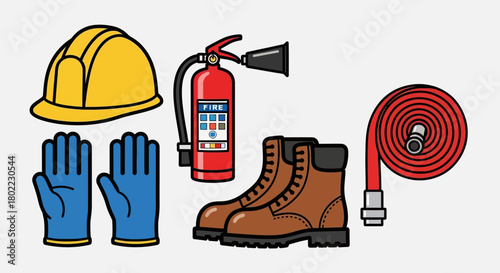 Illustration of safety equipment including a hard hat, gloves, fire extinguisher, boots, and a rolled fire hose.