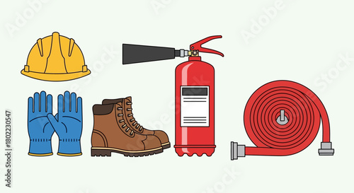 Illustration of safety equipment including a hard hat, gloves, boots, fire extinguisher, and coiled fire hose.
