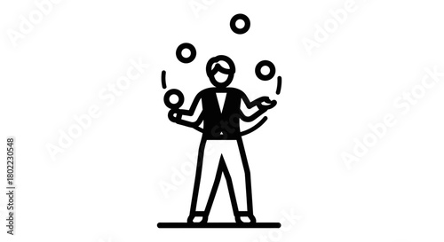 Graphic illustration of a person juggling multiple balls in the air.