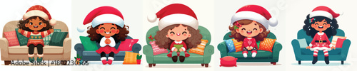 vector little girl sitting on sofa at christmas