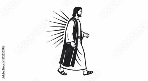 Illustration of Jesus Christ walking with a halo of light rays behind him.
