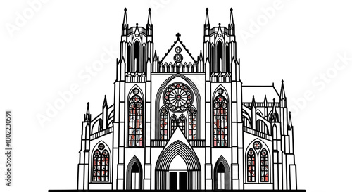 A detailed illustration of a grand cathedral with spires, arches, and intricate rose window design.