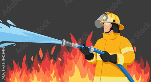 Firefighter in protective gear extinguishing a fire with a water hose.