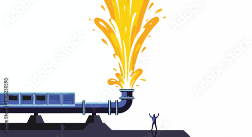A stylized illustration depicts a pipeline gushing a golden liquid, with a small figure standing triumphantly below, set against a clean white background.