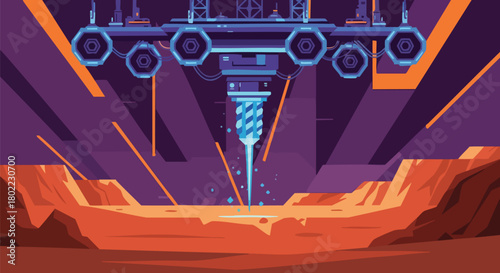 A vibrant, pixelated illustration showcases a futuristic drilling rig extracting resources from a Martian landscape, highlighting technological innovation and exploration.