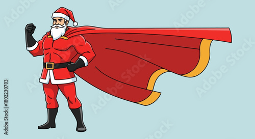 A muscular Santa Claus figure with a red cape and confident pose.