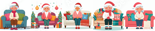 vector grandma sitting on sofa at christmas