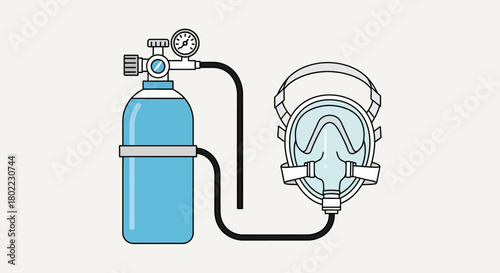 Illustration of an oxygen tank connected via tube to a full face mask, with a gauge on the tank.