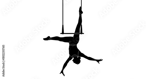 Silhouette of a female acrobat performing a split on a trapeze, with arms extended for balance, against a white background.