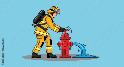 A firefighter in uniform is opening a red fire hydrant, releasing a stream of blue water.