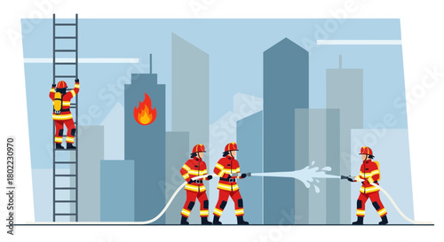 Firefighters battling a blaze in a city, one climbing a ladder while others spray water at the burning building.