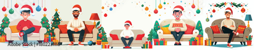 vector man sitting on sofa at christmas