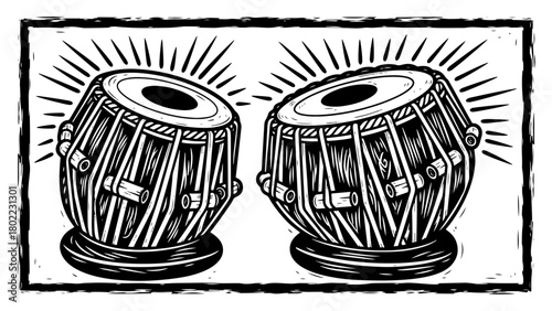 Tabla Indian Drums Hand Drawn Woodcut Style Vector Illustration