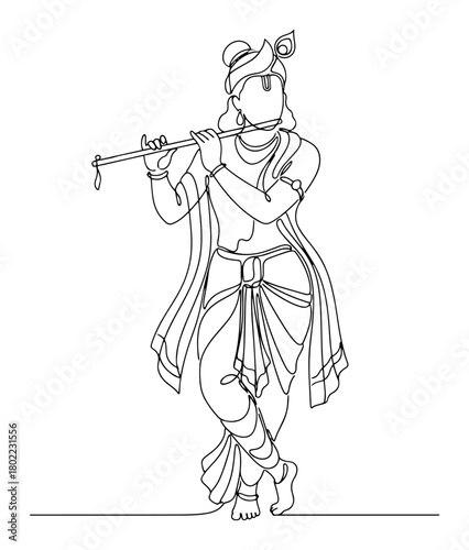 Lord Krishna Playing Flute Continuous One Line Drawing Hindu God Vector Illustration