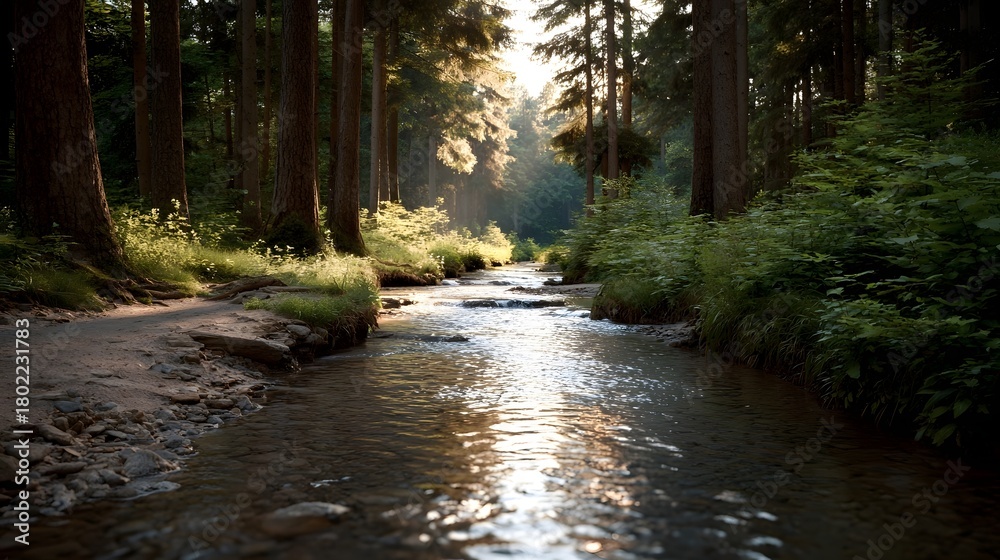 Fototapeta premium Sunlight streams through a forest canopy illuminating a tranquil creek flowing beside a dirt path
