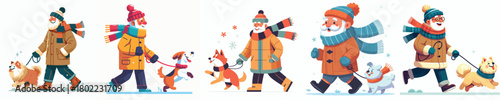 vector grandfather walking with pet dog in winter