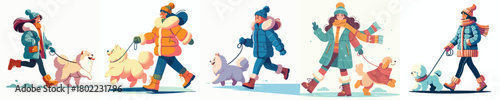 vector man walking with pet dog in winter