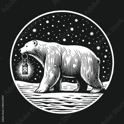 Polar Bear with Lantern in Snowy Night Scene.
