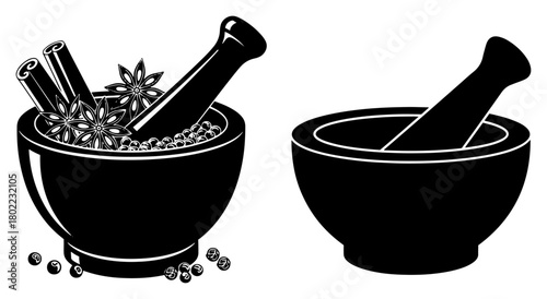 Mortar and Pestle with Spices Glyph Icon Set for Kitchen and Ayurveda