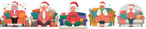 vector grandmother sitting on sofa at christmas